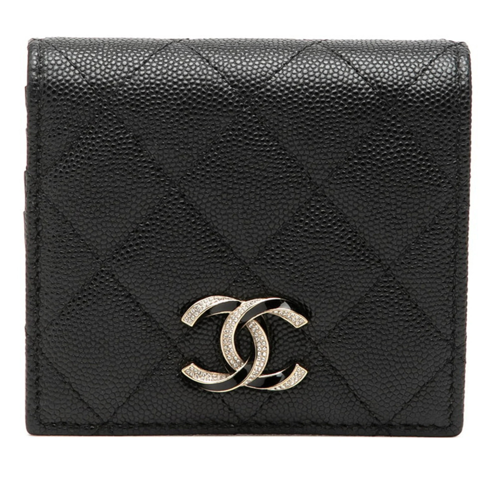 Chanel Coco Mark Matelassé Bi-fold Wallet AP3341 Black Gold Caviar Skin Rhine...